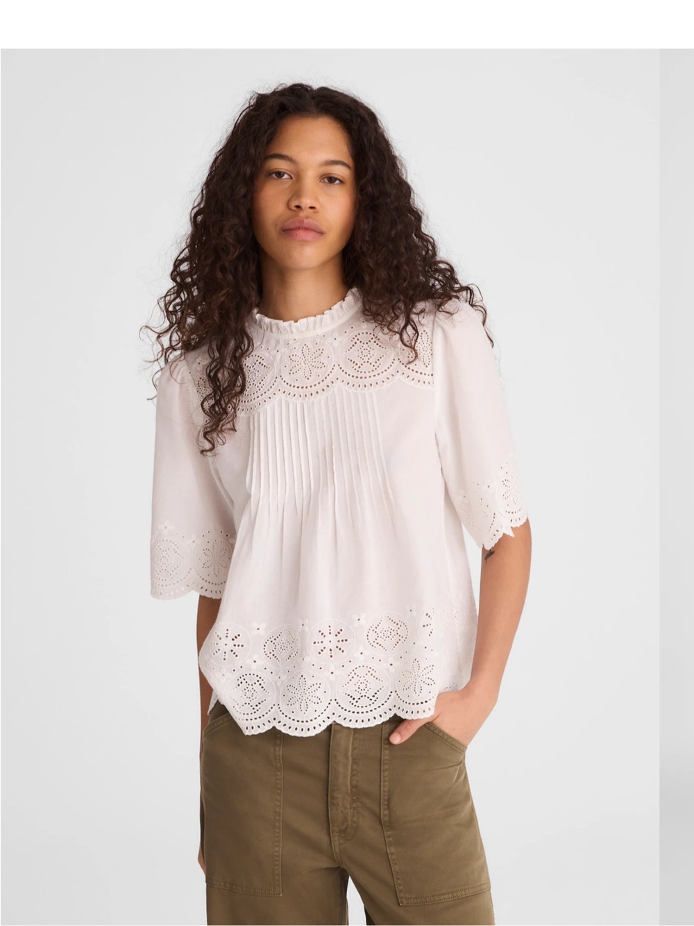Madewell Embroidered Pintuck High-Neck Top White